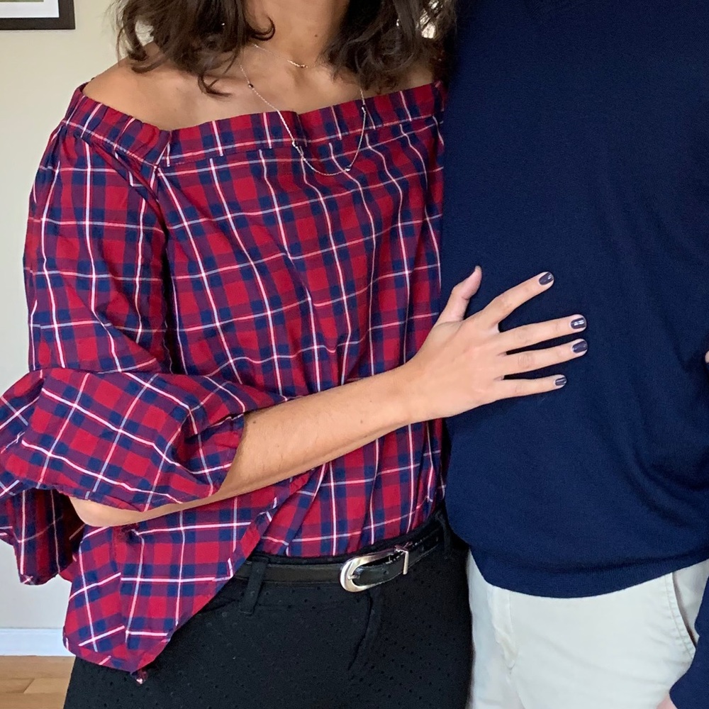 Off the shoulder plaid blouse. Ruffle sleeves